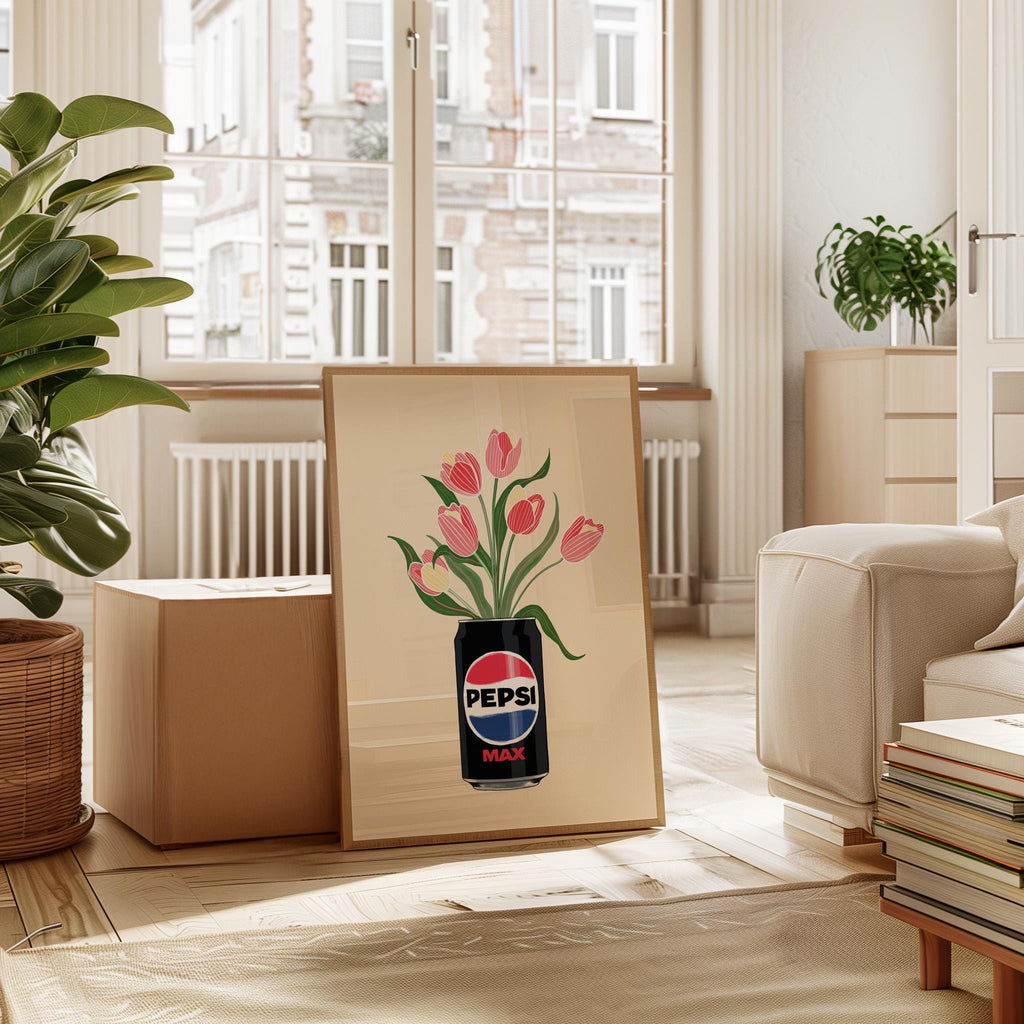 Living room with a decorative screen featuring a Pepsi Max can and flowers.