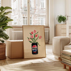 Living room with a decorative screen featuring a Pepsi Max can and flowers.