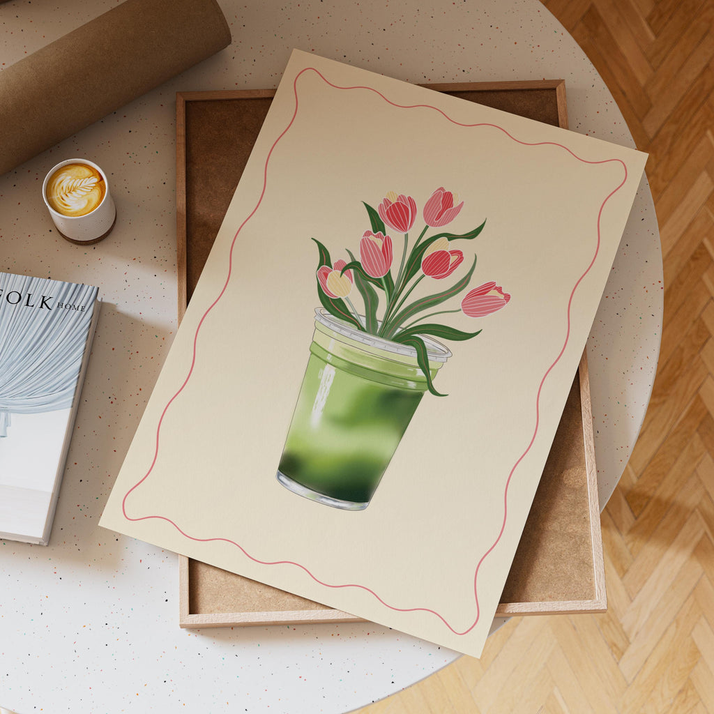 Matcha Tulips Art Print: Floral Matcha Illustration