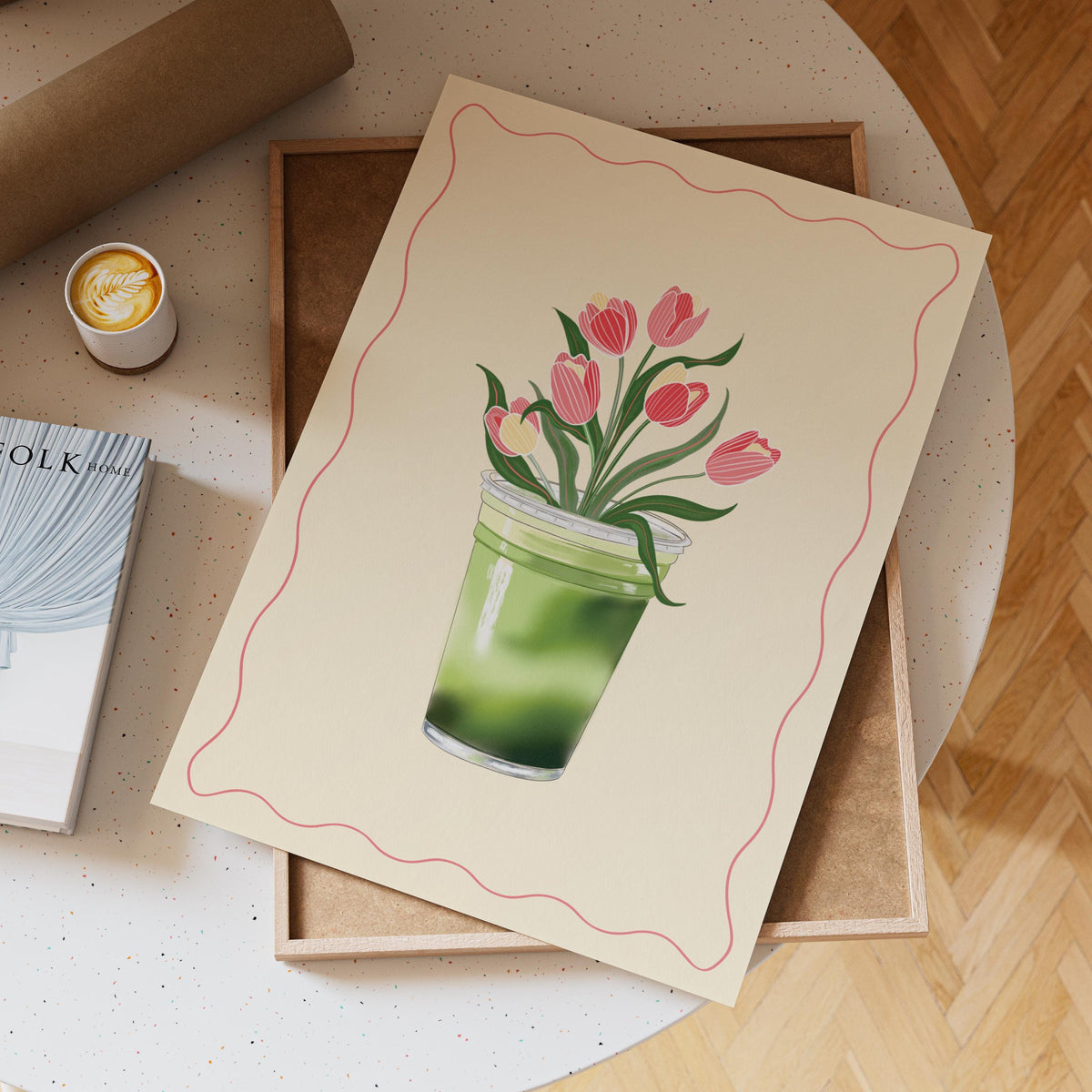 Matcha Tulips Art Print: Floral Matcha Illustration