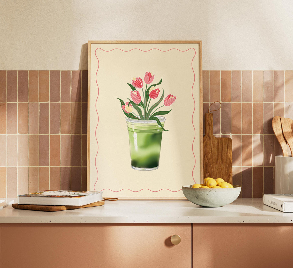 Matcha Tulips Art Print: Floral Matcha Illustration