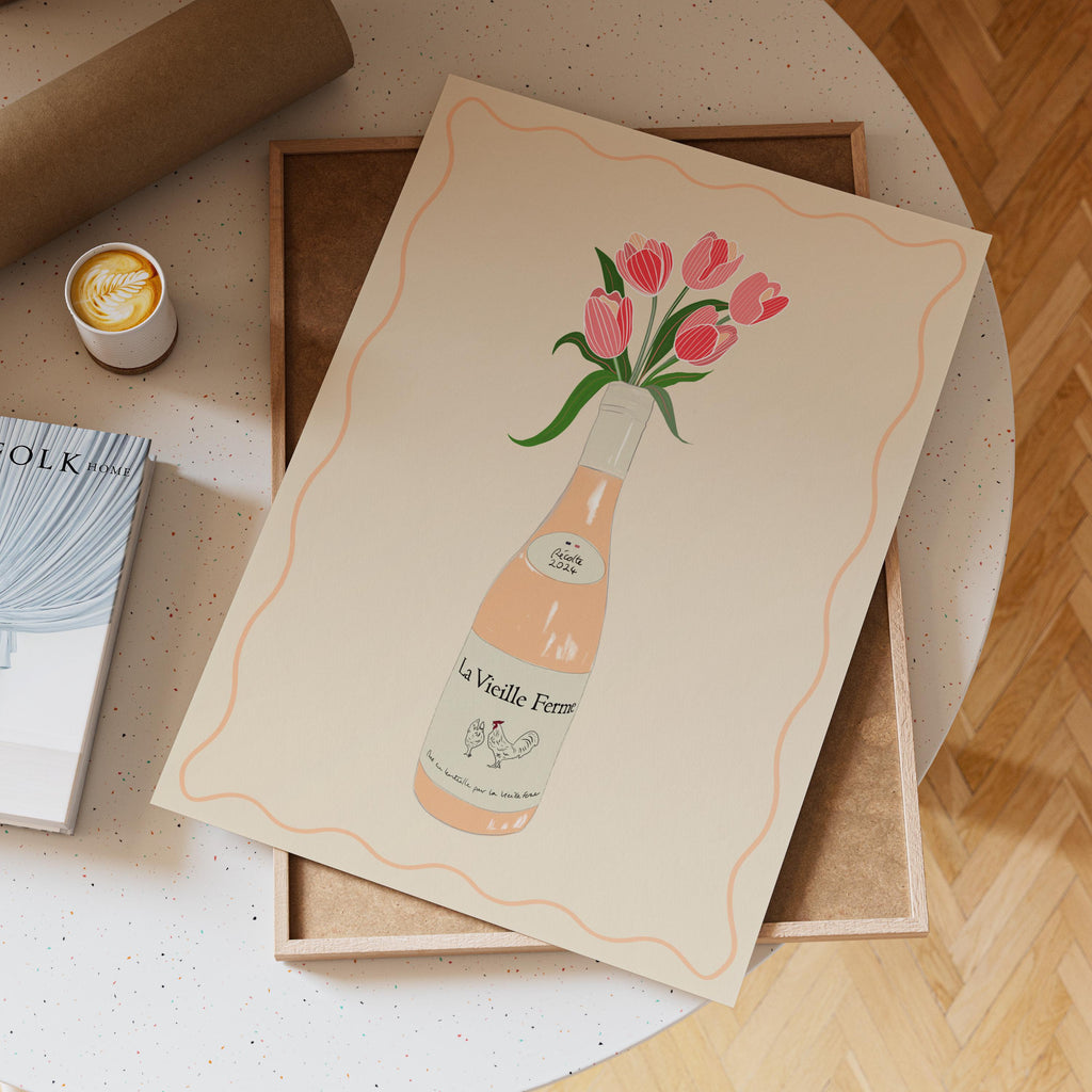 Chicken Wine & Tulips Print: Trendy Kitchen Wall Art
