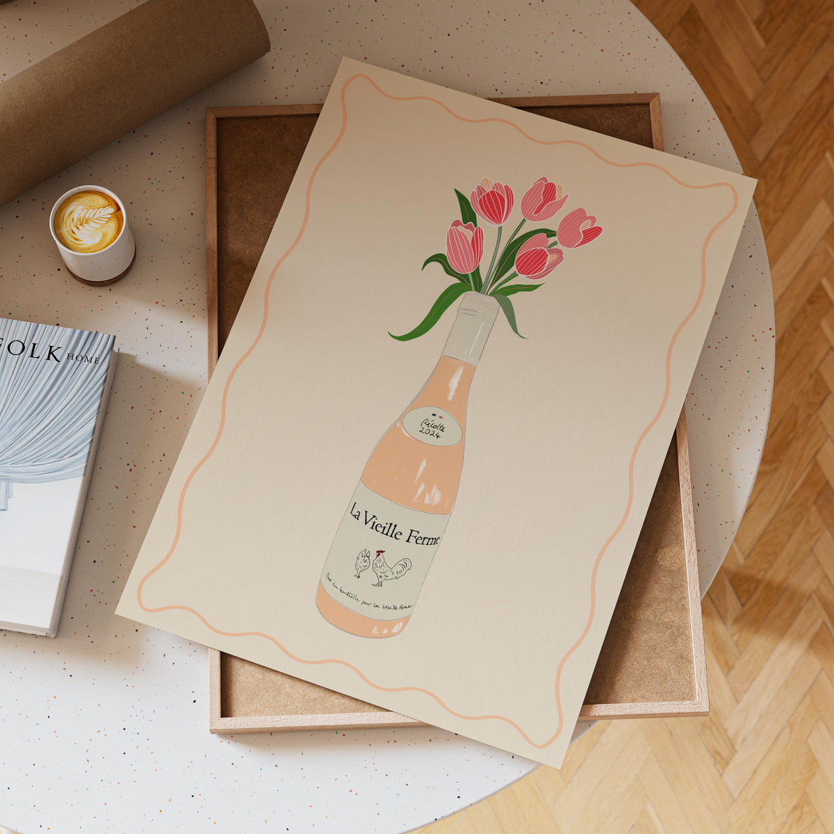 Chicken Wine & Tulips Print: Trendy Kitchen Wall Art