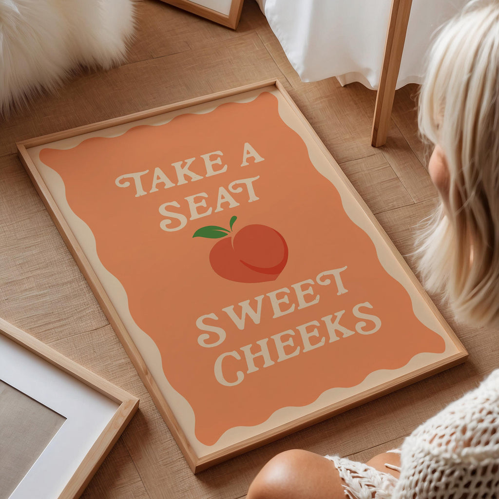 Funny Bathroom Print: Take A Seat Sweet Cheeks, Pastel Peach Wall Art