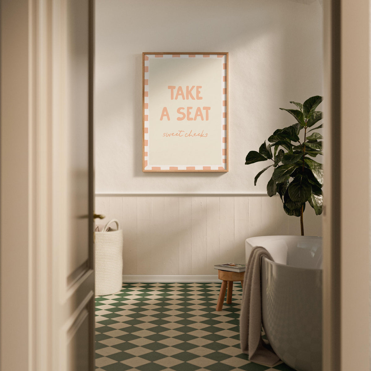 Funny Bathroom Print: Take A Seat Sweet Cheeks, Pastel Peach Wall Art
