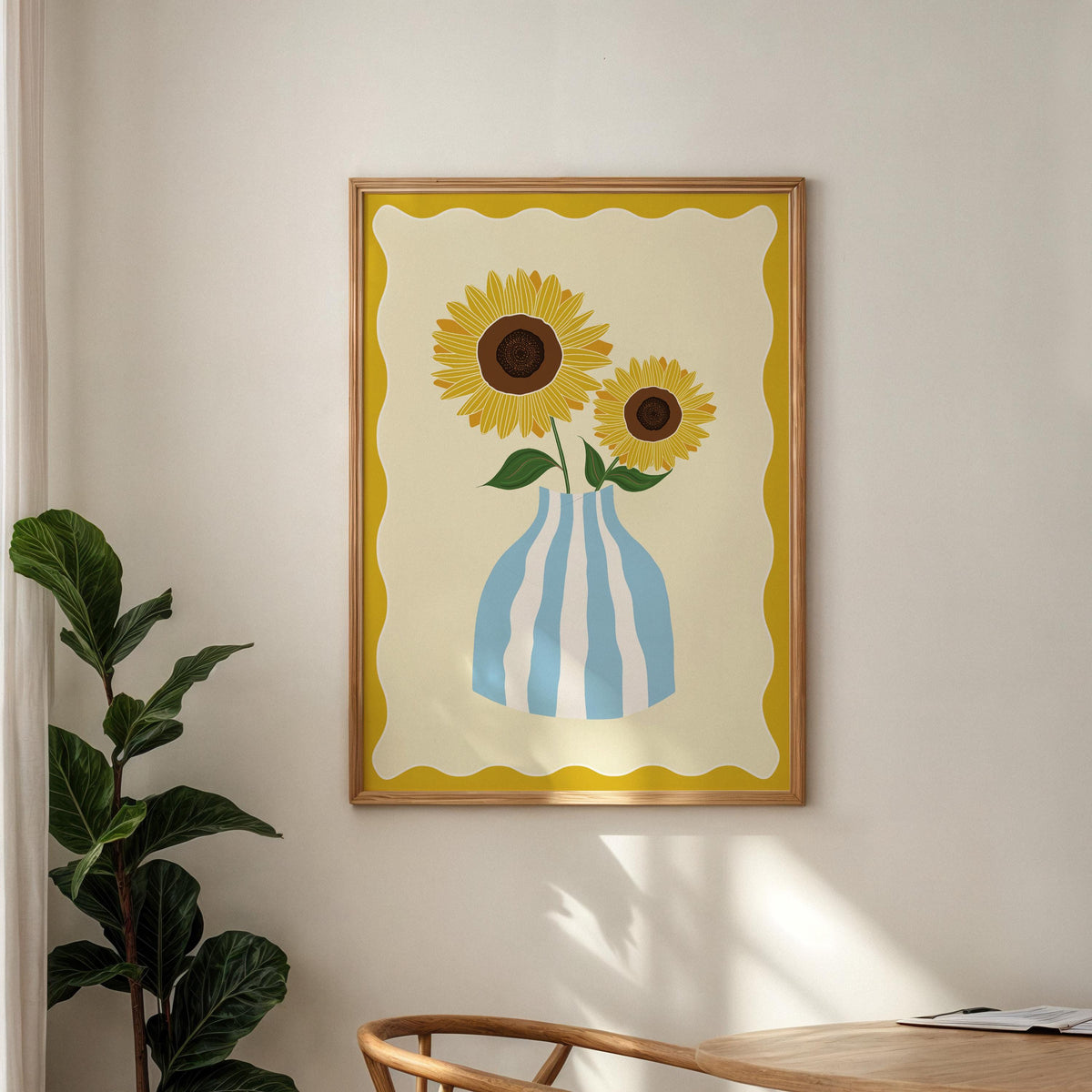 Sunflower Illustration Print, Blue Striped Vase, Sunny Home Decor