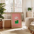 Framed artwork of a Perello can on a wall in a bright living room.