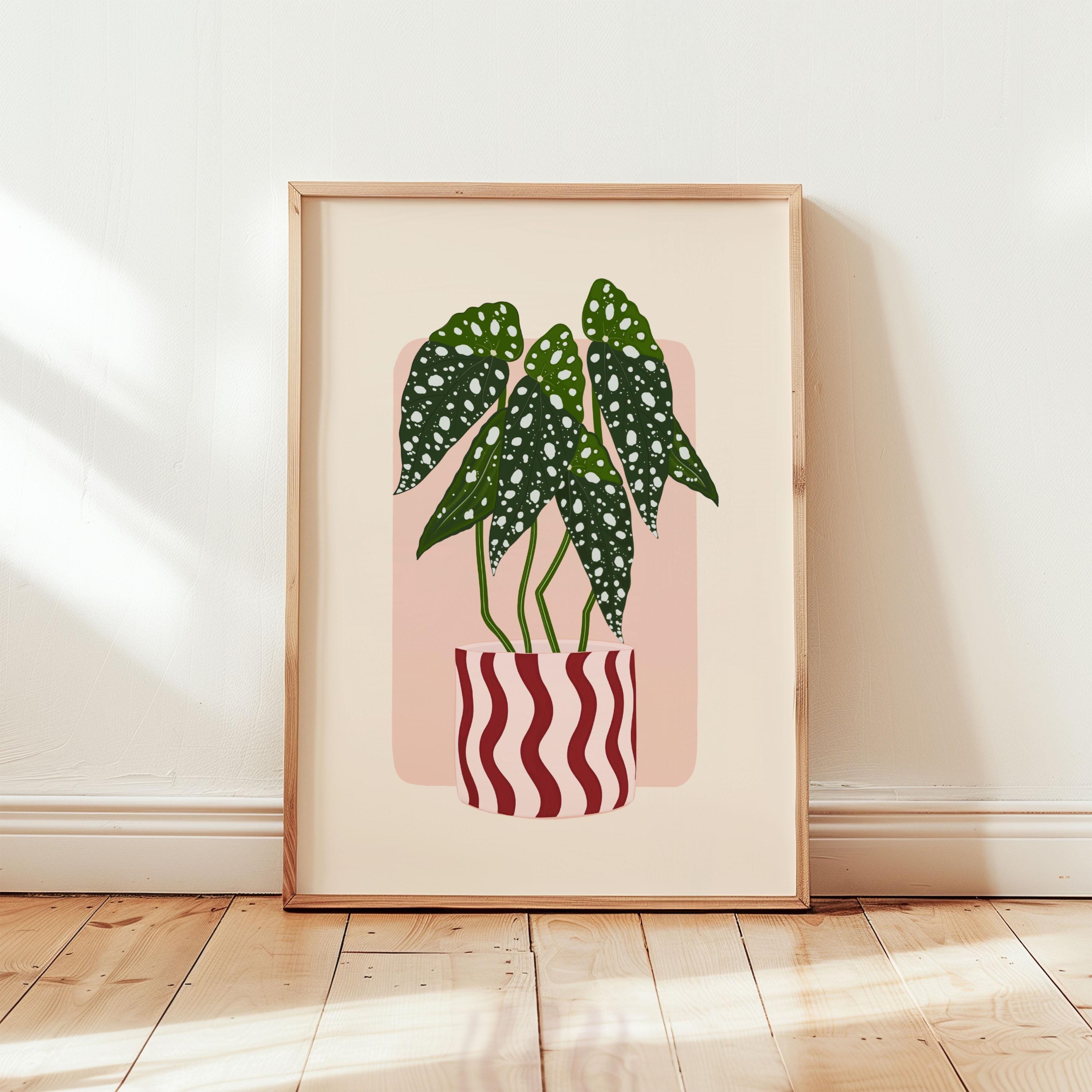 Framed artwork of a potted plant with a pink background on a wooden floor.