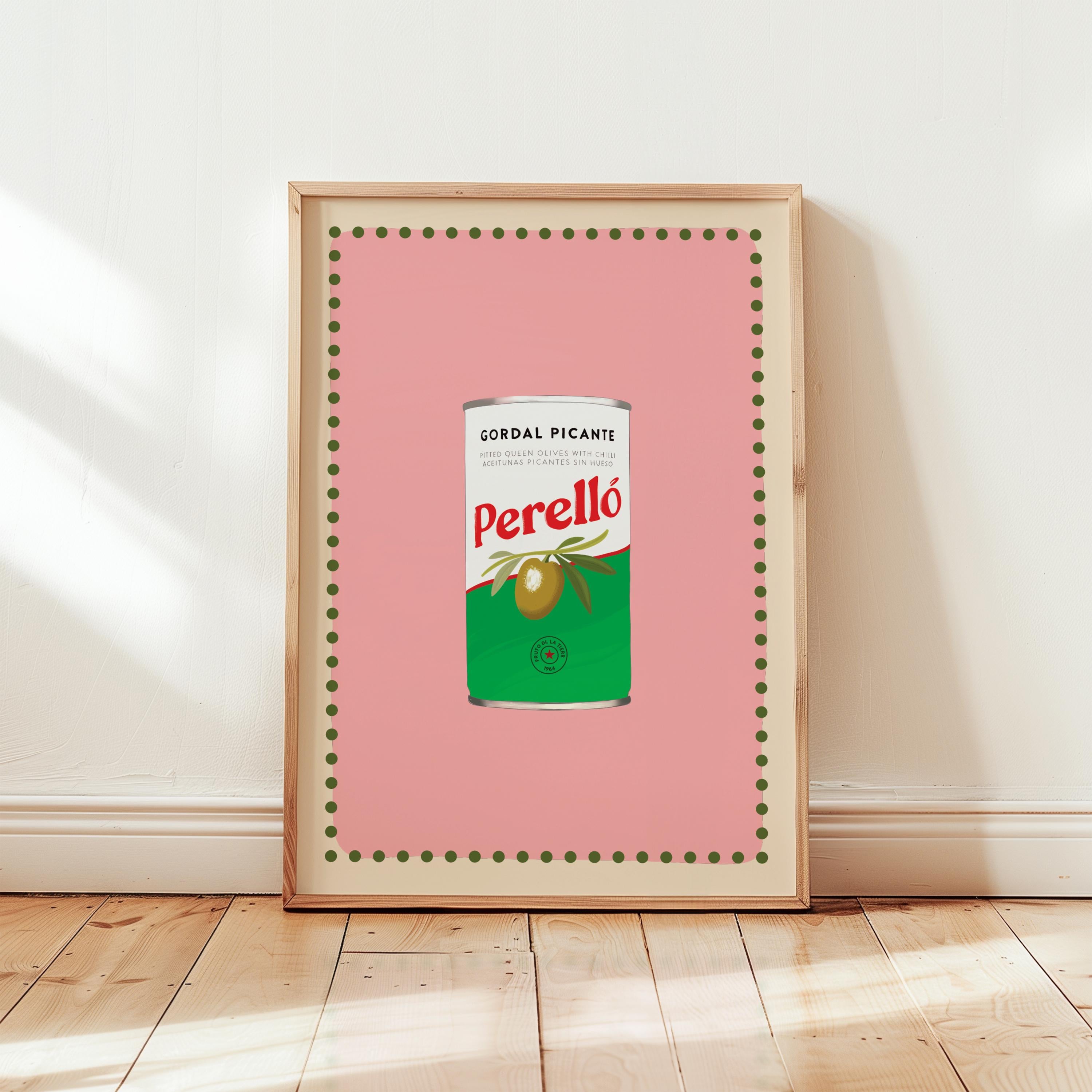 Framed artwork of a can labeled 'Perello' on a pink background