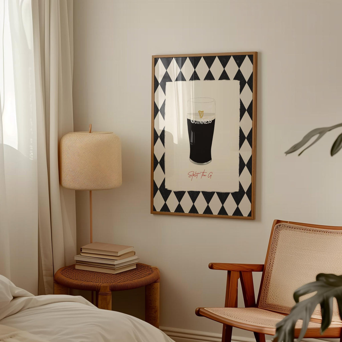Room interior with a lamp, books, and a framed artwork on the wall.