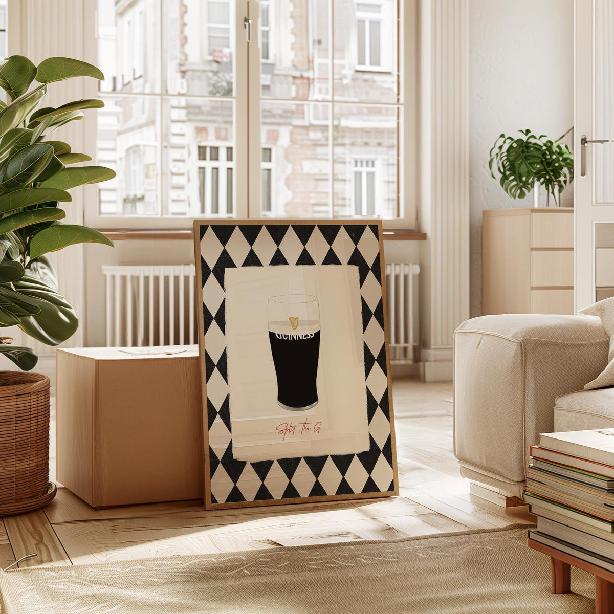 Decorative black and white patterned box on a wooden floor with a couch and plants in the background