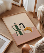 Coffee & Croissant Kitchen Print: Green, Pink, Cream