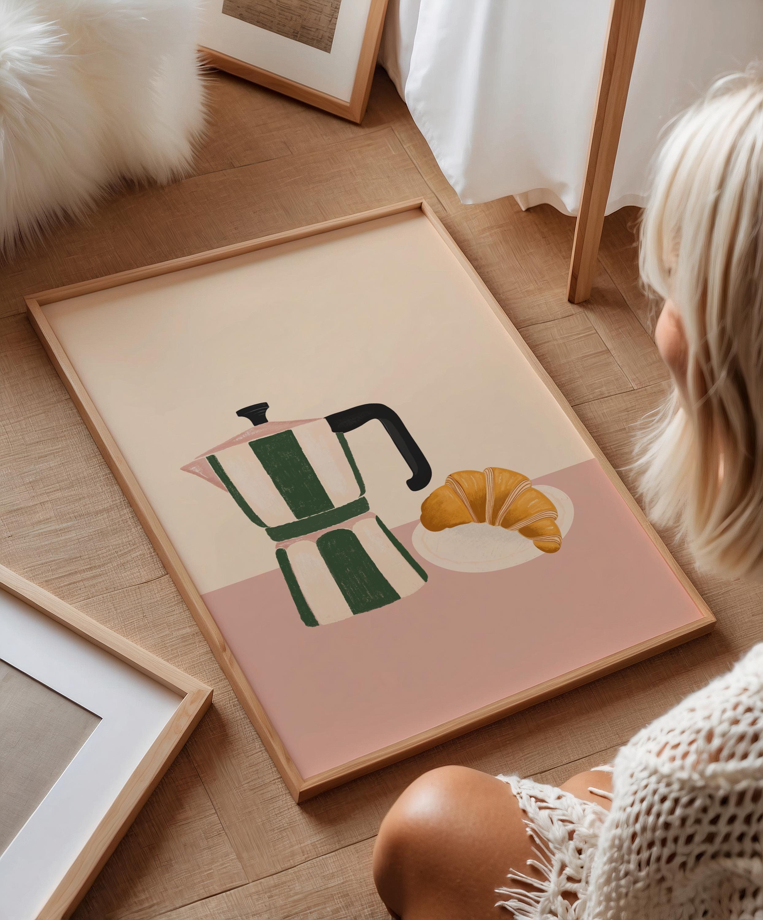 Coffee & Croissant Kitchen Print: Green, Pink, Cream