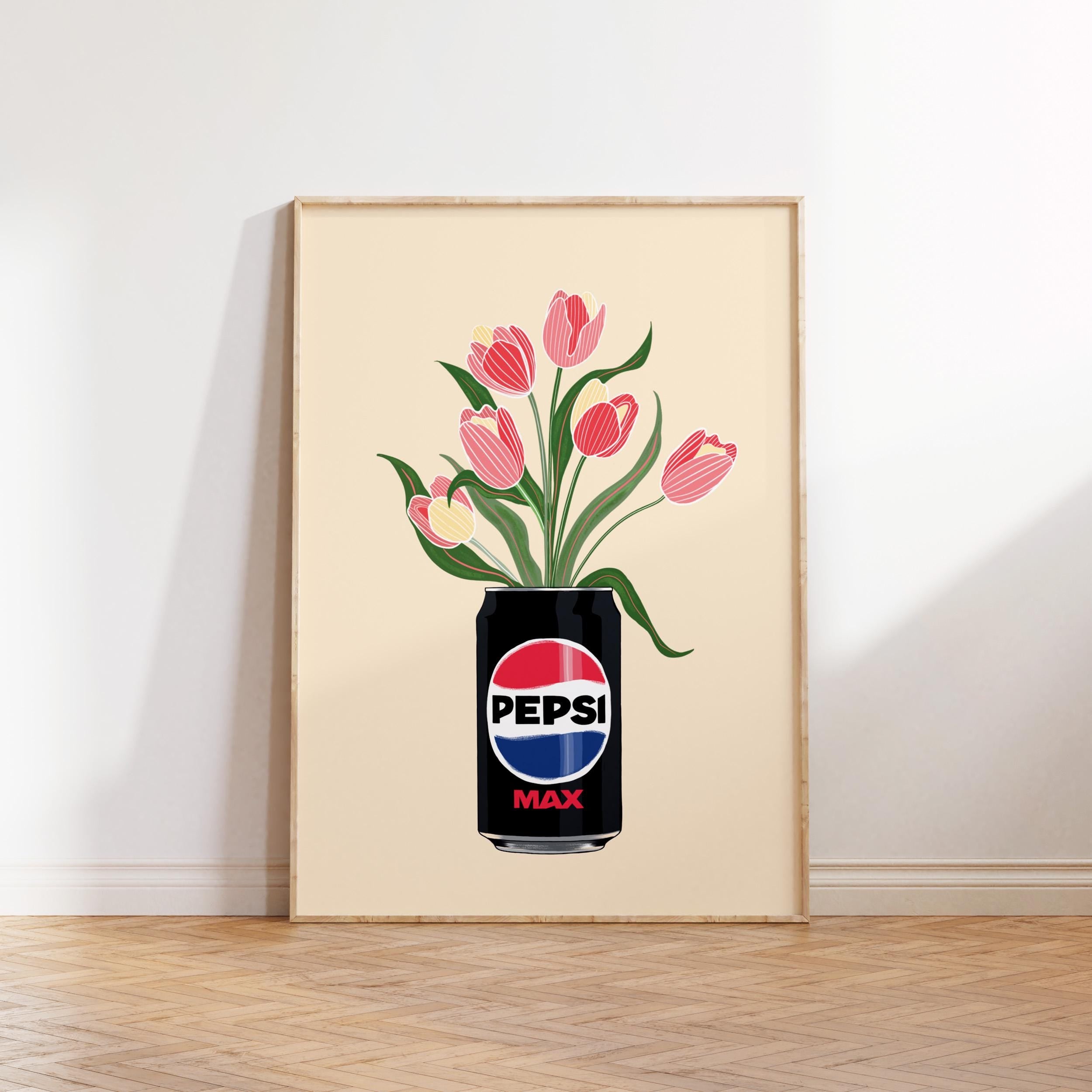 Framed artwork of a Pepsi Max can with tulips on a white wall.