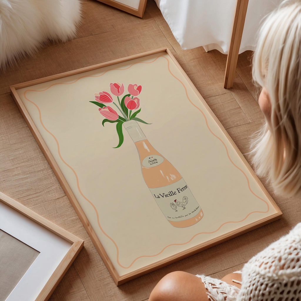 Chicken Wine & Tulips Print: Trendy Kitchen Wall Art