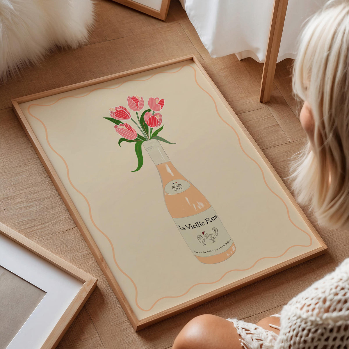 Chicken Wine & Tulips Print: Trendy Kitchen Wall Art