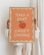 Funny Bathroom Print: Take A Seat Sweet Cheeks, Pastel Peach Wall Art