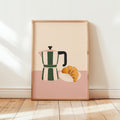 Coffee & Croissant Kitchen Print: Green, Pink, Cream
