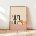 Coffee & Croissant Kitchen Print: Green, Pink, Cream