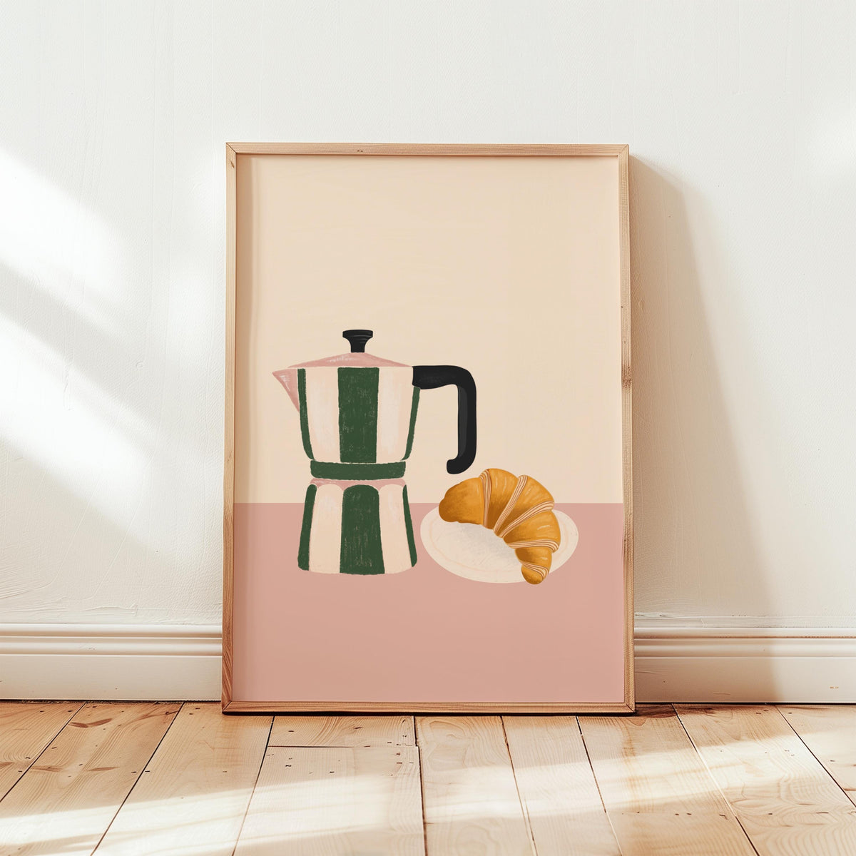 Coffee & Croissant Kitchen Print: Green, Pink, Cream