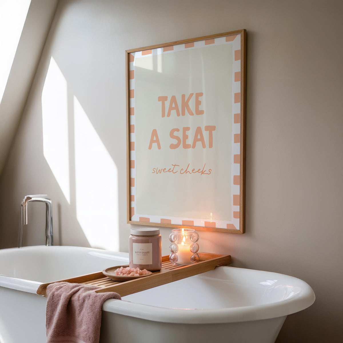 Funny Bathroom Print: Take A Seat Sweet Cheeks, Pastel Peach Wall Art