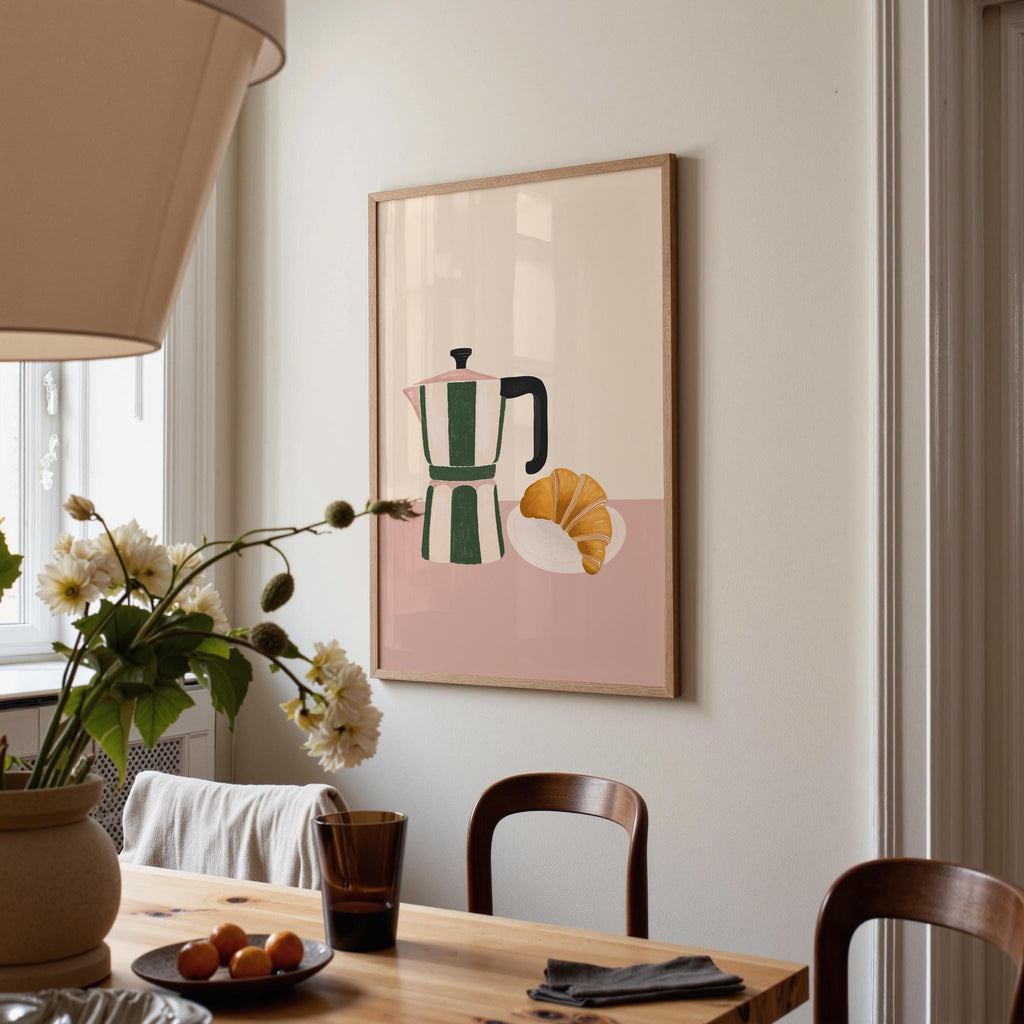 Coffee & Croissant Kitchen Print: Green, Pink, Cream