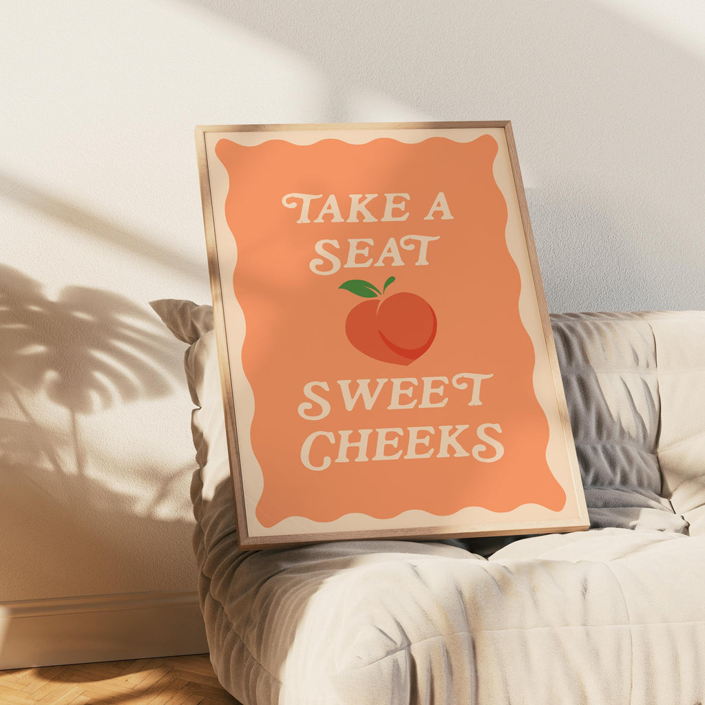 Funny Bathroom Print: Take A Seat Sweet Cheeks, Pastel Peach Wall Art