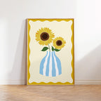 Sunflower Illustration Print, Blue Striped Vase, Sunny Home Decor