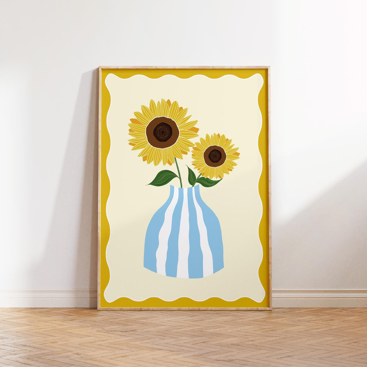 Sunflower Illustration Print, Blue Striped Vase, Sunny Home Decor