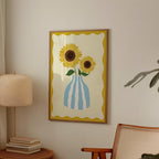 Sunflower Illustration Print, Blue Striped Vase, Sunny Home Decor