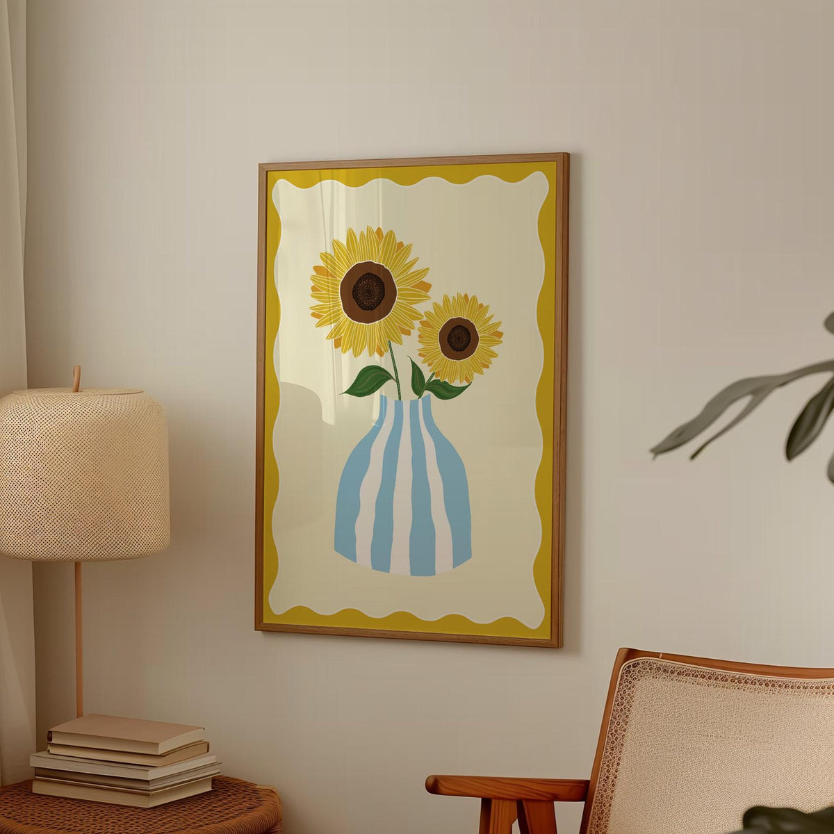 Sunflower Illustration Print, Blue Striped Vase, Sunny Home Decor