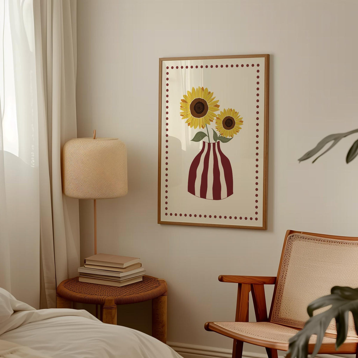 Room interior with a framed picture of sunflowers, lamp, and chair.