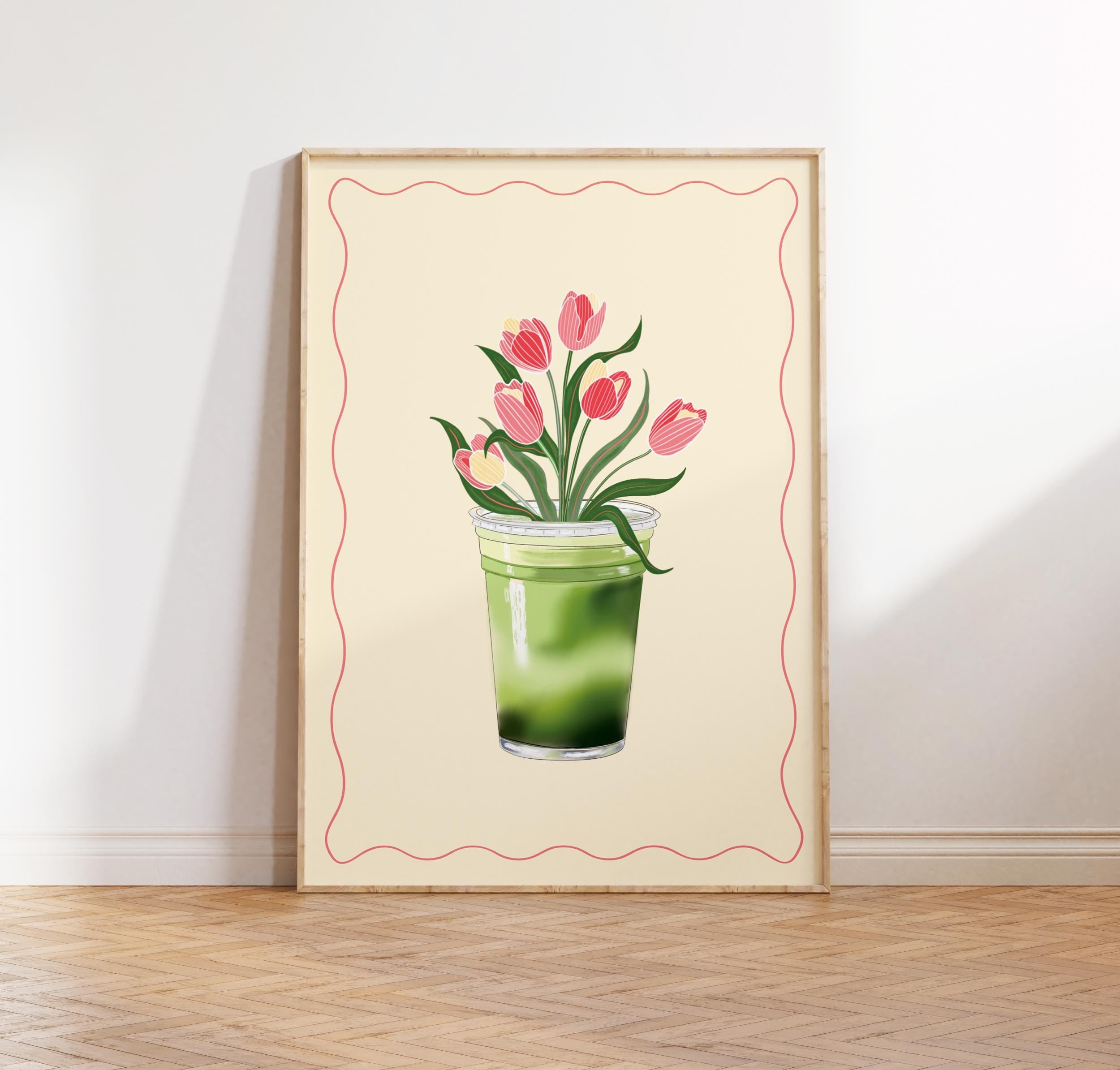 Matcha Tulips Art Print: Floral Matcha Illustration
