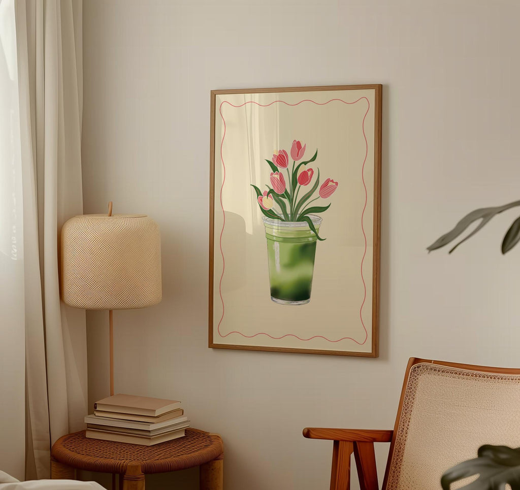 Matcha Tulips Art Print: Floral Matcha Illustration