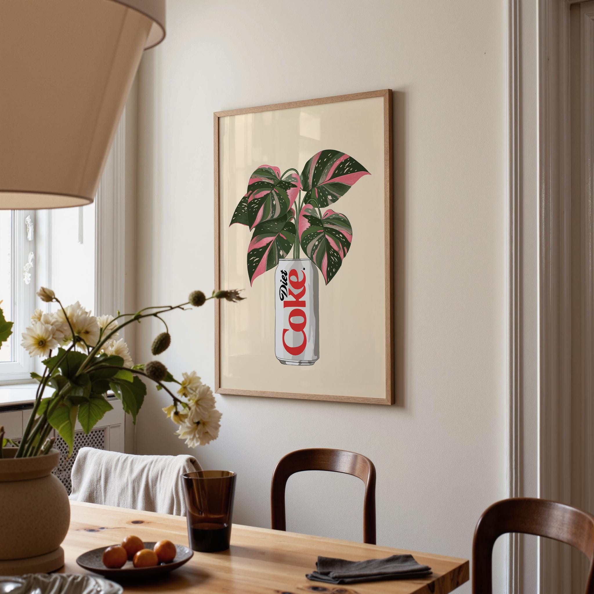 Diet Coke & Philodendron Pink Princess Plant Print: Whimsical Kitchen Wall Decor