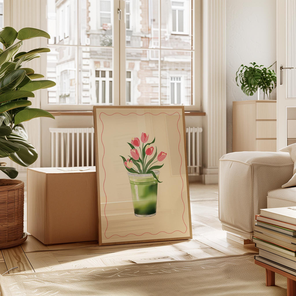 Matcha Tulips Art Print: Floral Matcha Illustration