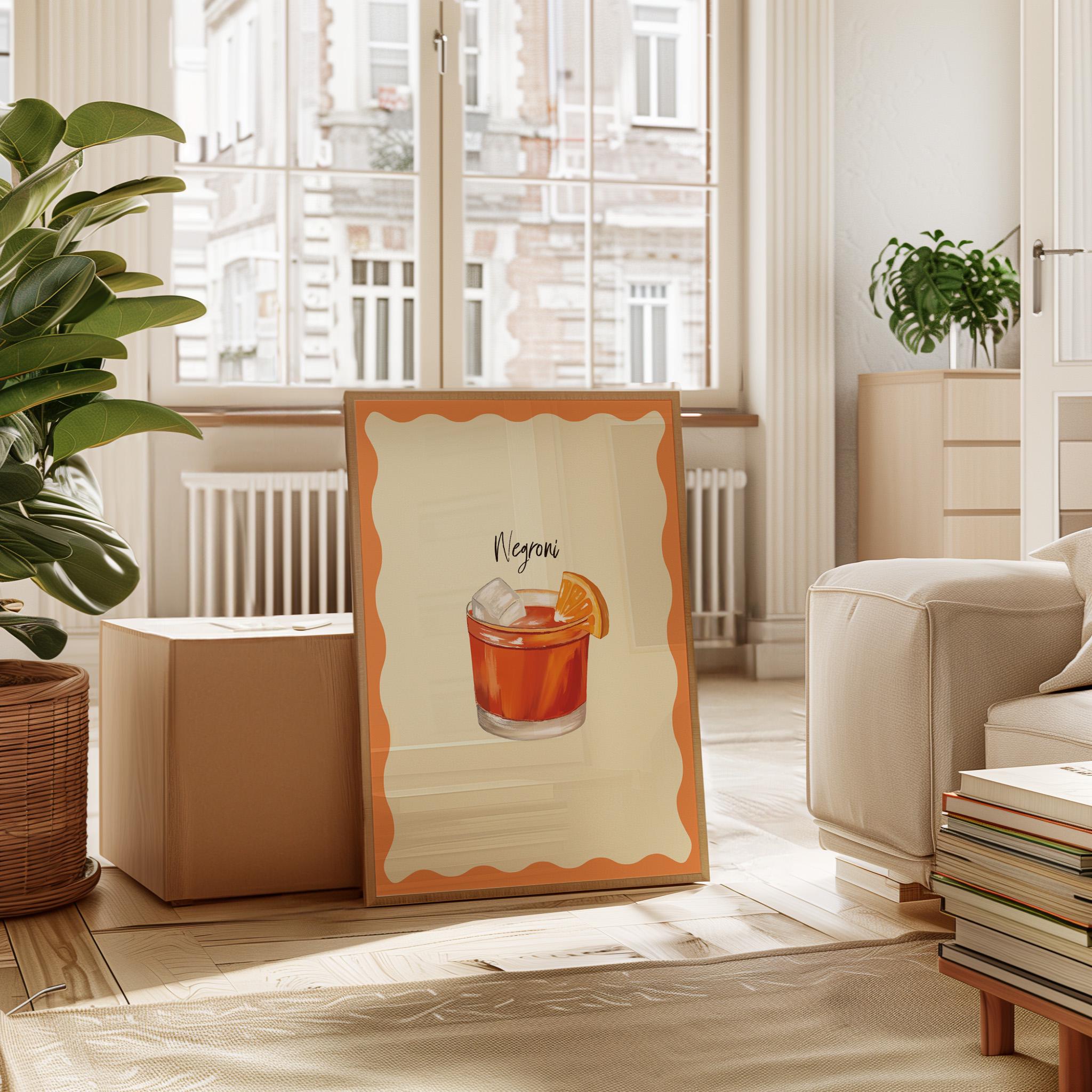 Fridge cover with cocktail design in a living room setting