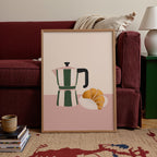 Coffee & Croissant Kitchen Print: Green, Pink, Cream