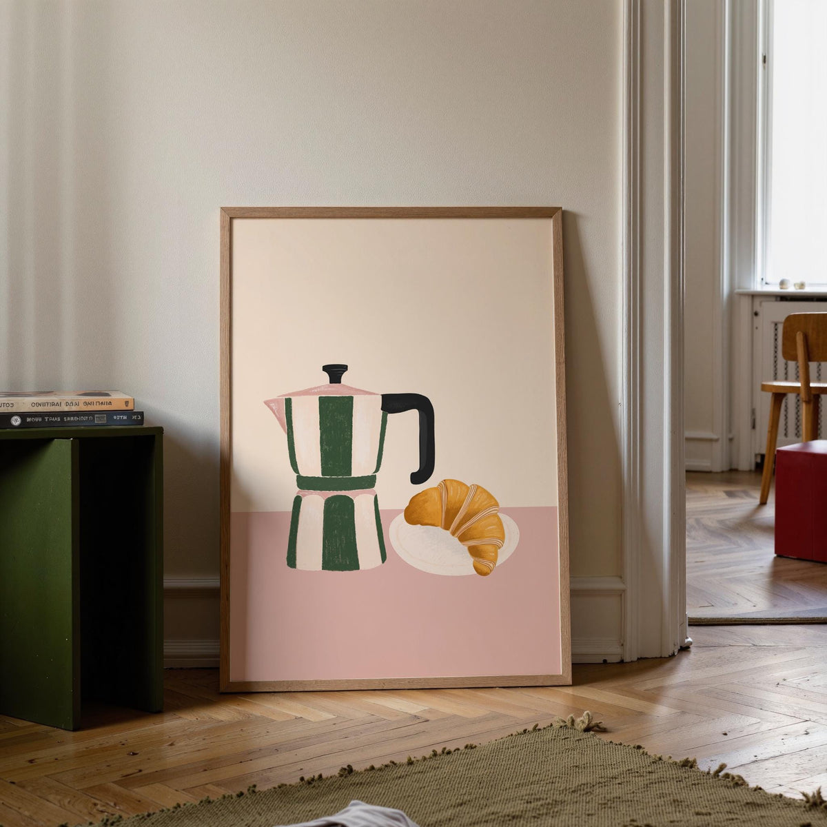 Coffee & Croissant Kitchen Print: Green, Pink, Cream