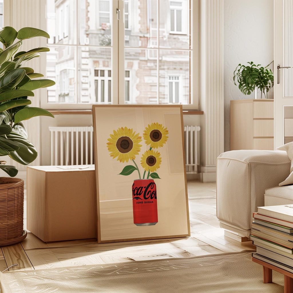 Decorative piece with sunflowers and a Coca-Cola can in a living room setting