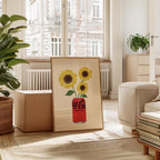 Decorative piece with sunflowers and a Coca-Cola can in a living room setting