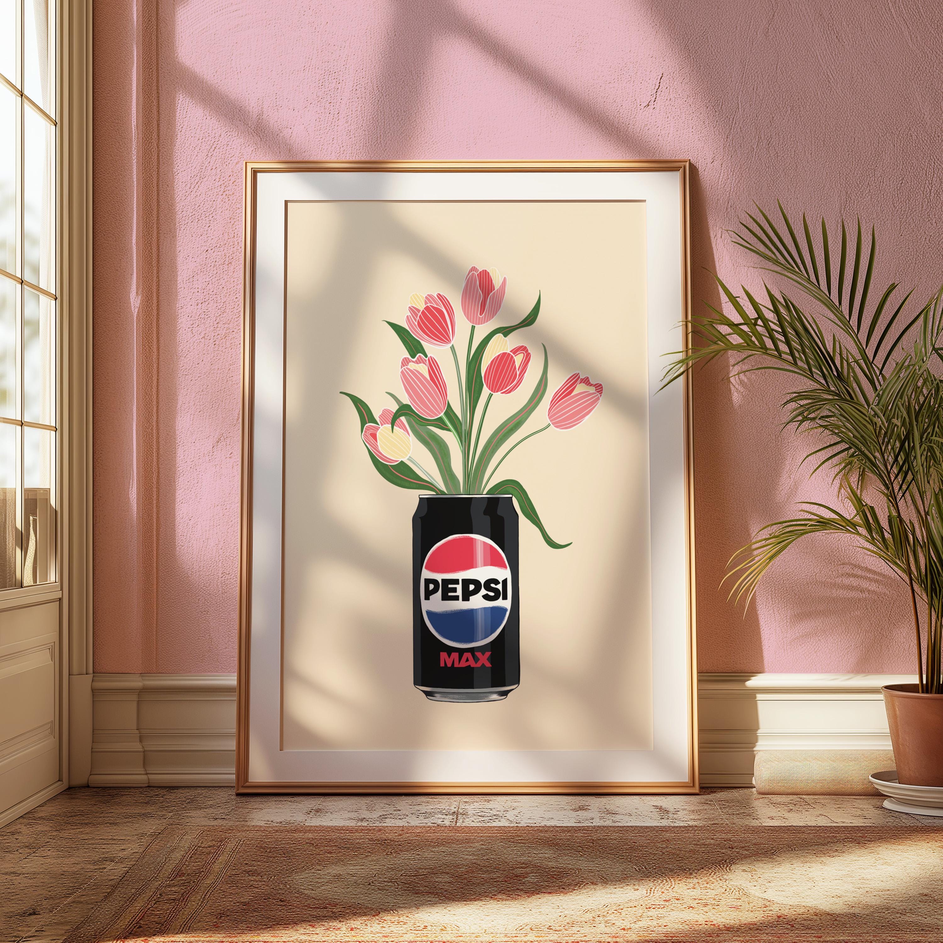 Framed artwork of a Pepsi Max can with pink tulips on a wall.