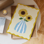 Sunflower Illustration Print, Blue Striped Vase, Sunny Home Decor