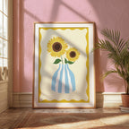 Sunflower Illustration Print, Blue Striped Vase, Sunny Home Decor