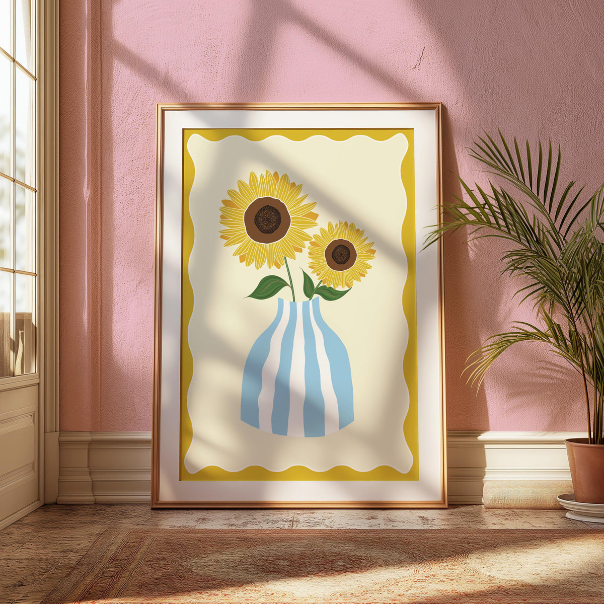 Sunflower Illustration Print, Blue Striped Vase, Sunny Home Decor