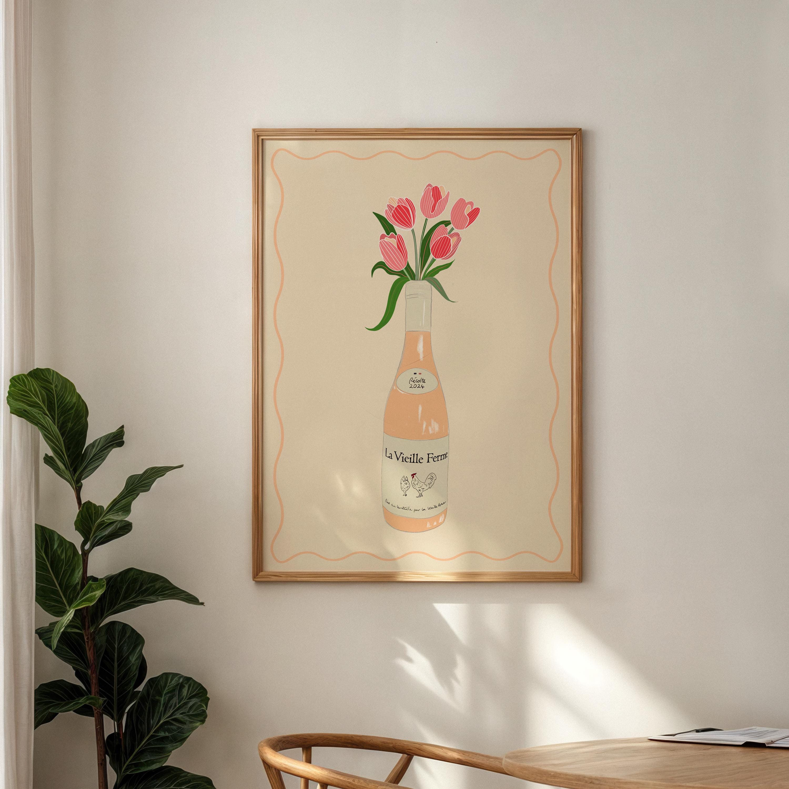 Chicken Wine & Tulips Print: Trendy Kitchen Wall Art
