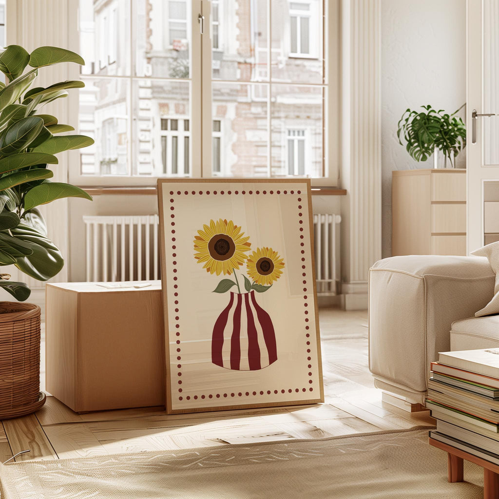 Decorative wall hanging with sunflowers in a living room setting