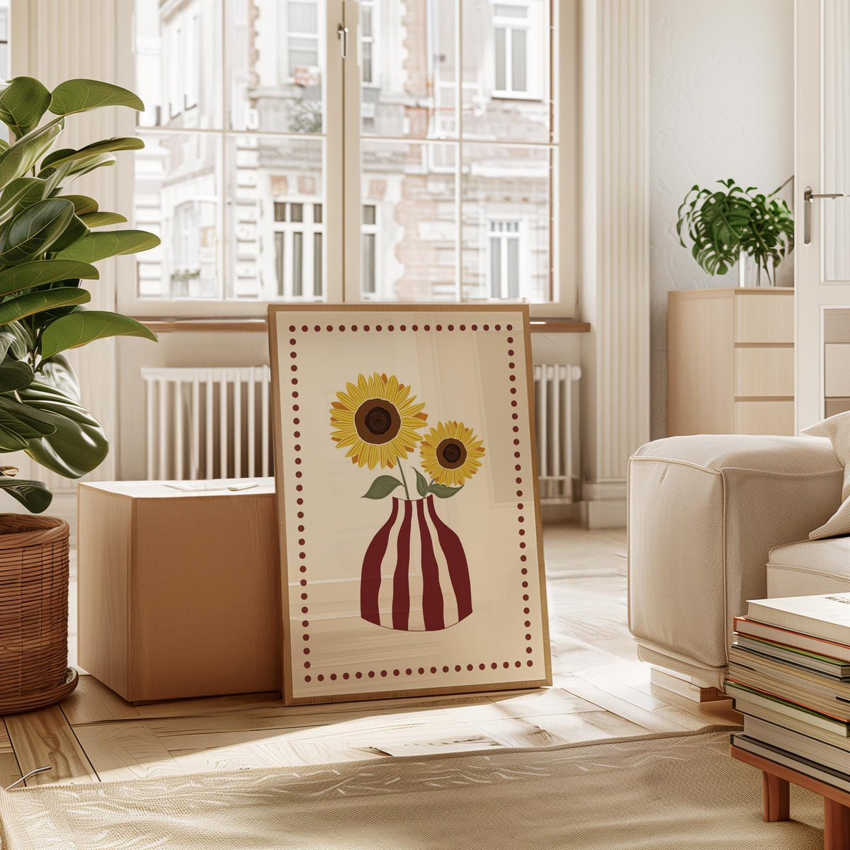 Decorative wall hanging with sunflowers in a living room setting