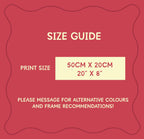 Size guide for print dimensions on a red background