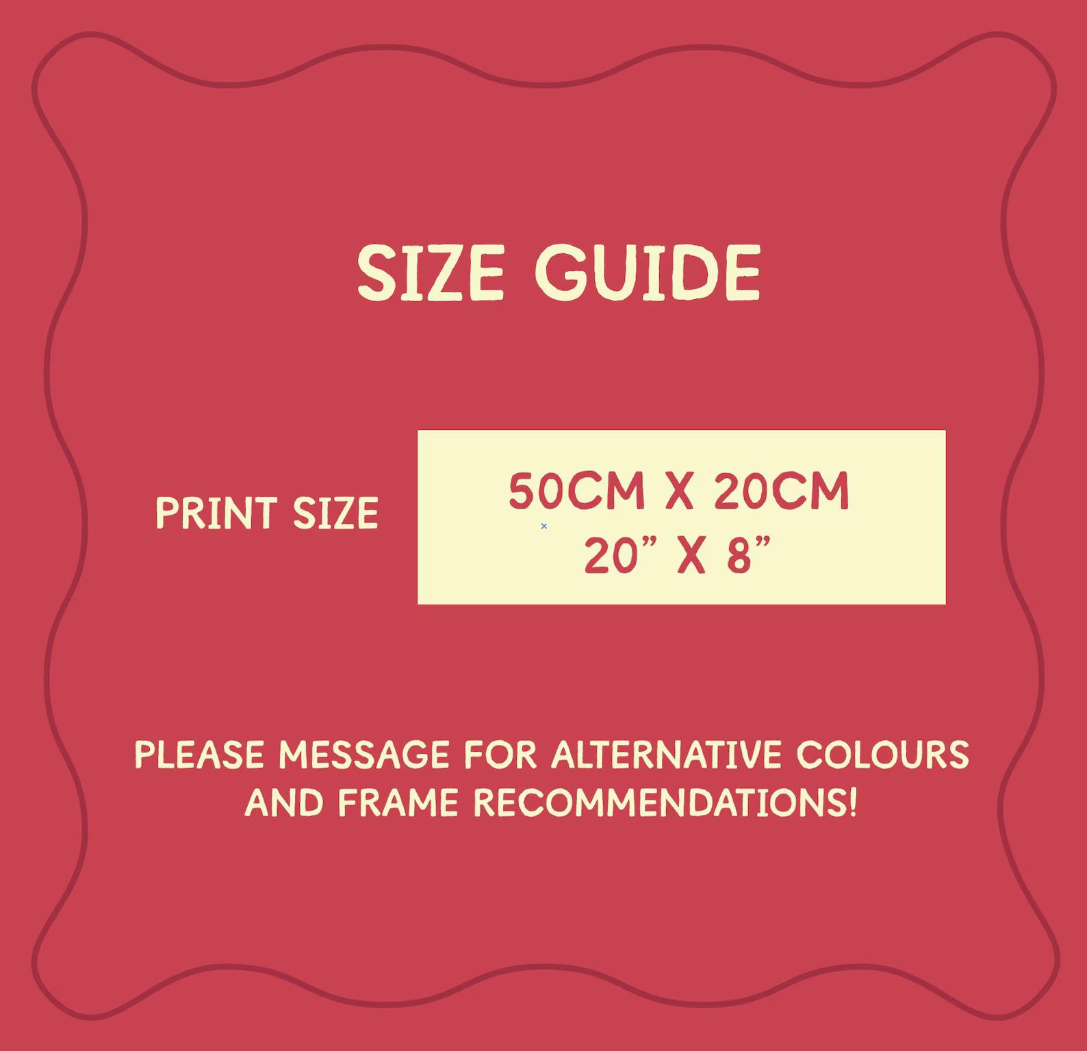 Size guide for print dimensions on a red background
